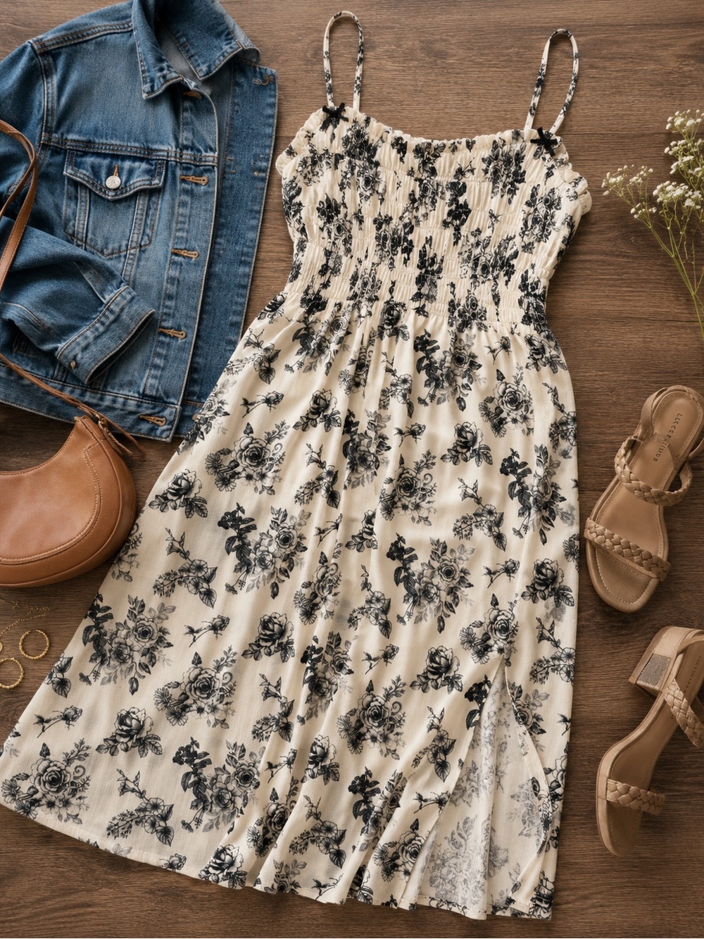 Wild Rose Cream Midi Dress with Black Floral Print